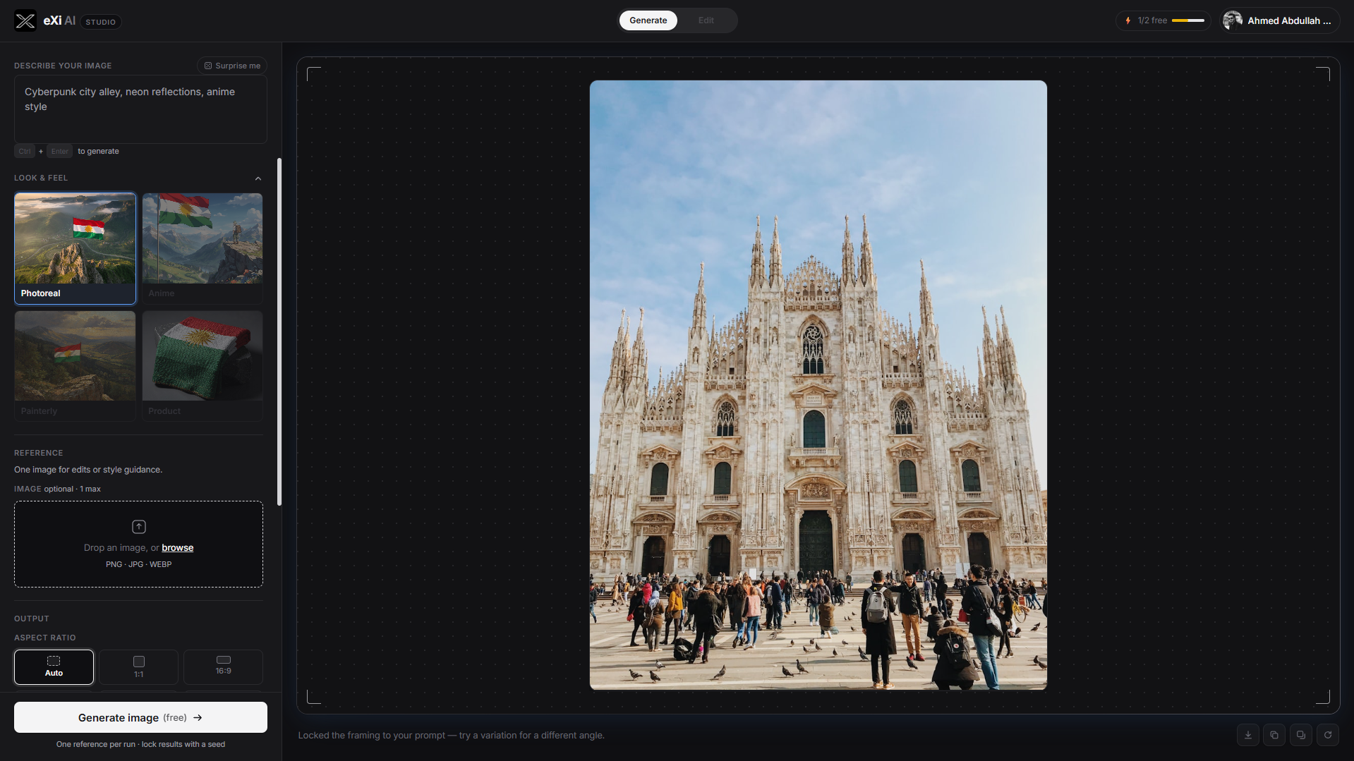 eXi AI Studio interface with prompt panel and canvas