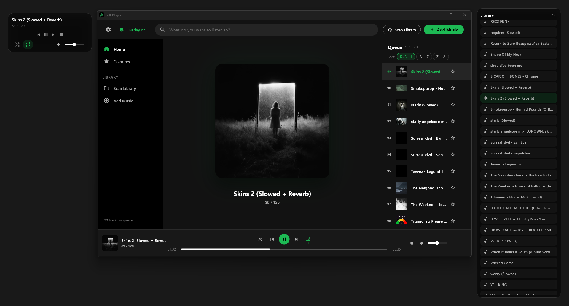 Lull Player main window with floating overlay panels